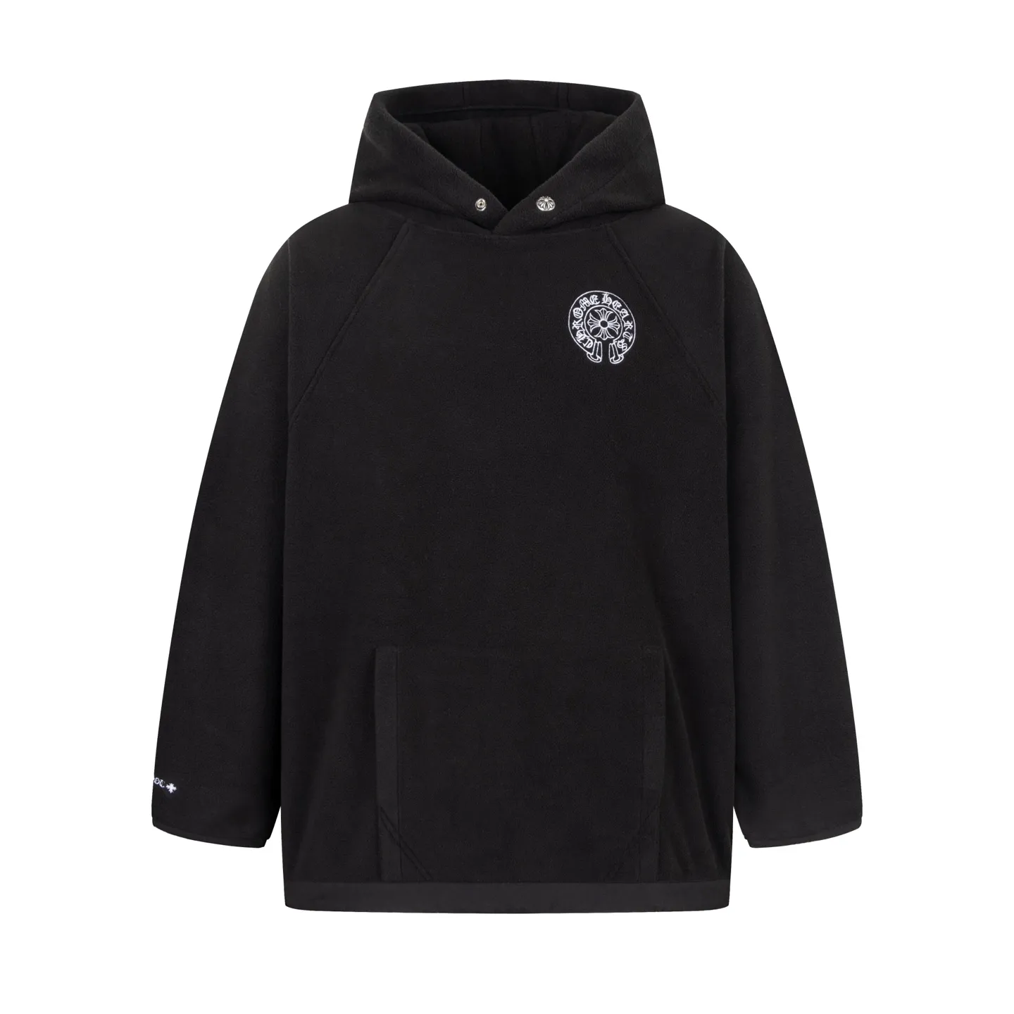🅿️460 [Exclusive supply] CH Croix Heart Horseshoe double-sided brushed polar fleece hooded sweatshirt. The fabric is made of rare terry and brushed composite fabric, which brings the ultimate soft touch and excellent thermal insulation performance. The fabric has been treated with a special double-sided brushing process to form a delicate polar fleece surface, which not only maintains a crisp shape but also improves wearing comfort. The chest is decorated with the brand's iconic horseshoe embroidery, using high-density embroidery thread to outline a three-dimensional texture. The collar is edged with imported lambskin and matched with a four-button Crusader flower made of real antique silver. The details are full of luxury. The hem is embellished with traditional melon beads, each of which is hand-made genuine antique silver. The interior is treated with velvet to ensure warmth and temperature locking. The overall craftsmanship continues Chrome Hearts' consistent meticulous workmanship. From fabric selection to decorative details, it reflects the brand's ultimate pursuit of quality, perfectly integrating street style with high fashion. Size:S-M-L